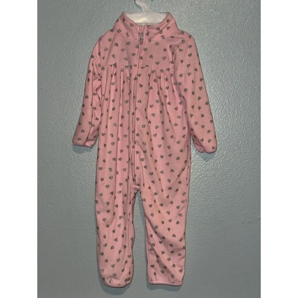 Carters 24 Months Pink Hearts Fleece One Piece Pajamas Sleepwear Outfit
